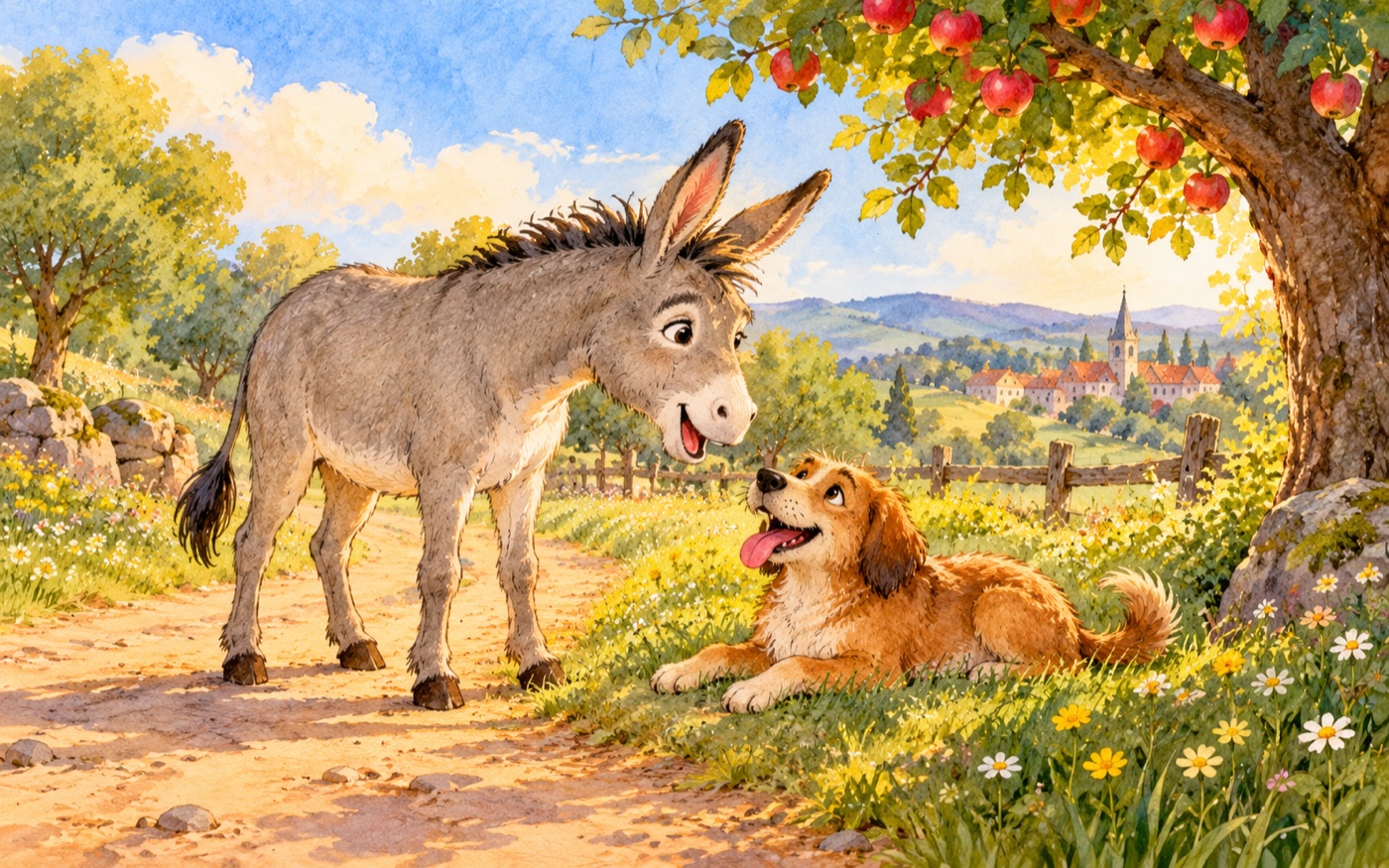 Der Esel trifft einen müden Hund am Wegrand