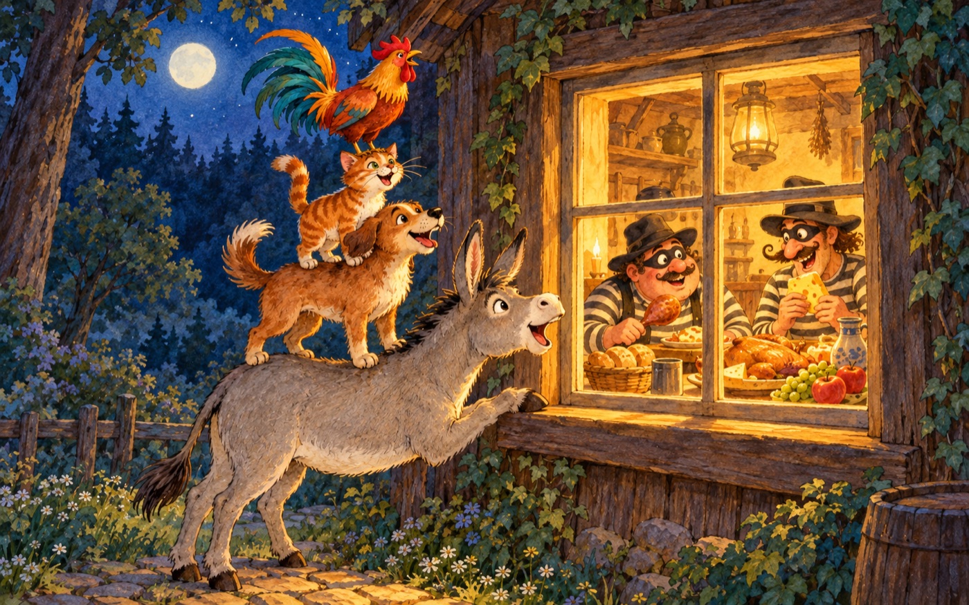Die Tiere stellen sich übereinander vor das Fenster des Räuberhauses