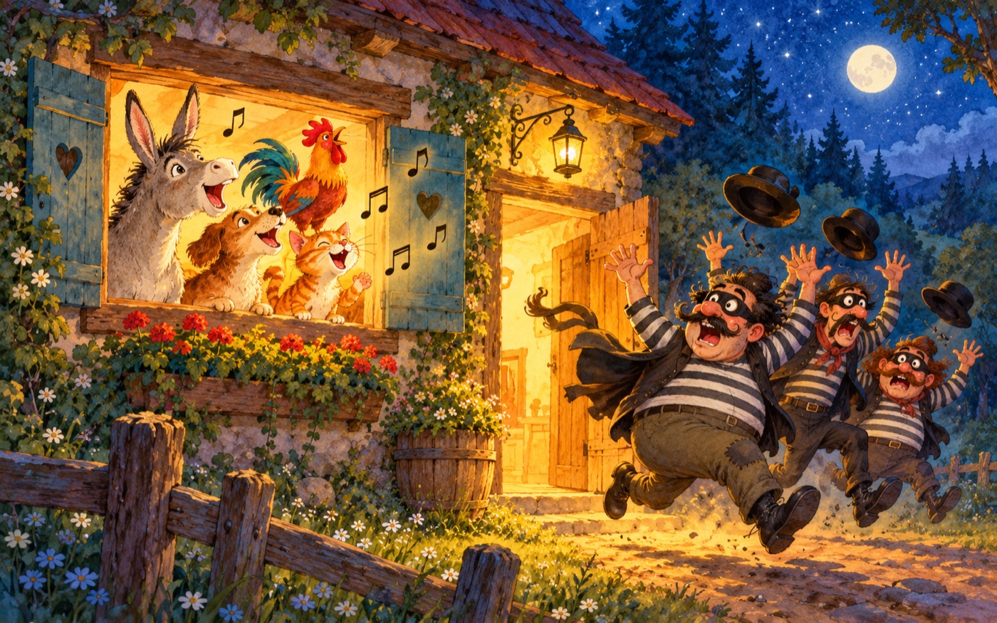 Die Räuber rennen erschrocken in den Wald, überall fliegen Musiknoten